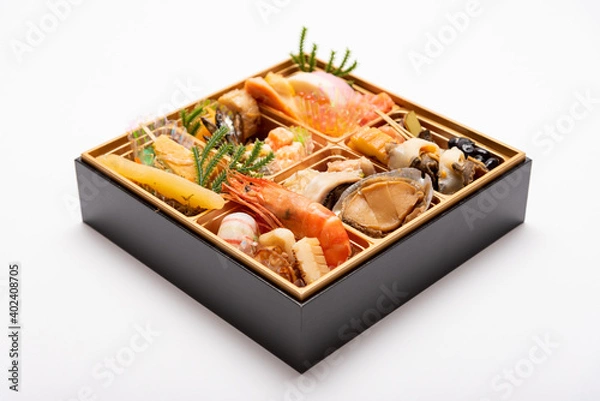 Fototapeta 白背景の上に置いた、おせち料理