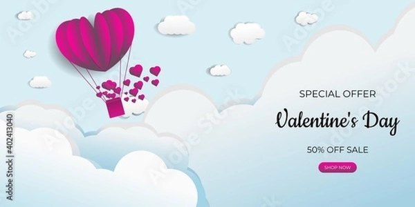 Fototapeta Happy Valentine. Abstract Background sale concept design. Balloon heart flying float on the sky. Vector Illustration