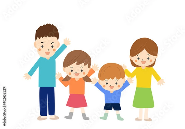 Obraz 笑顔で手を振る4人家族（全身）05