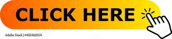 Obraz Click here web button icon image. Mouse hand pointer text orange and yellow vector.