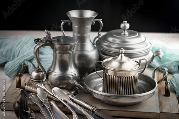 Fototapeta Silver dishes on old background