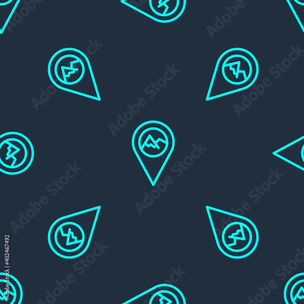 Obraz Green line Map pointer with mountain icon isolated seamless pattern on blue background. Mountains travel icon. Vector.