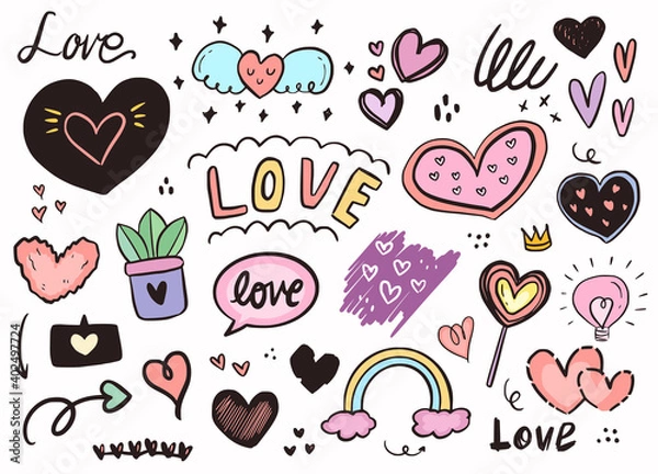 Obraz Love heart girly fashion sticker outline drawing. Romantic element in white background illustration