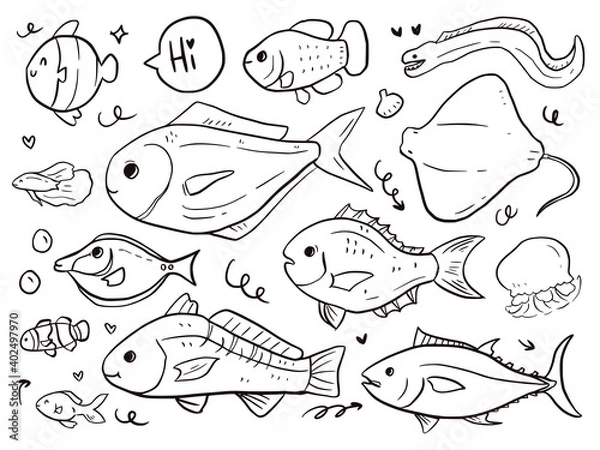 Obraz Set of fish doodle drawing cartoon for kids and print