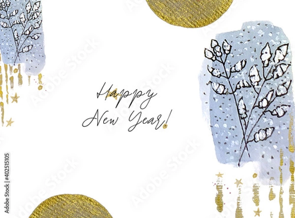 Fototapeta Watercolor figures with plant doodles in blue tones with gold glitter. Happy New Year! The basis for the design for invitation, banner, website, instagram. Modern trendy design
