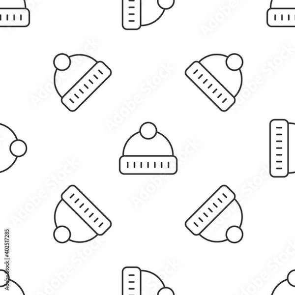 Fototapeta Grey line Winter hat icon isolated seamless pattern on white background. Vector.