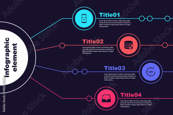 Obraz Set Dead mobile, Database protection, Clock 24 hours and Social media inbox. Business infographic template. Vector.