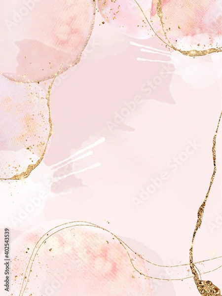 Obraz Frame for invitation with a ready-made modern design. Watercolor shapes with gold glitter in pink tones.