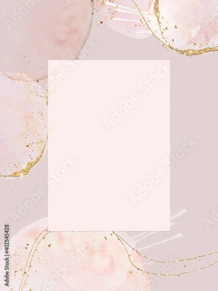 Fototapeta Frame for invitation with a ready-made modern design. Watercolor shapes with gold glitter in pink tones.