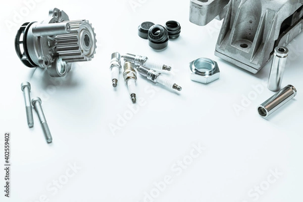 Fototapeta Car construct. Set of new metal car part. Auto motor mechanic spare or automotive piece isolated on white background. Technology of mechanical gear.