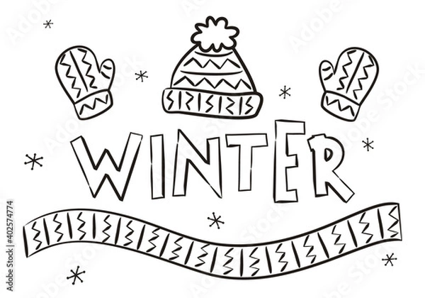 Fototapeta Knitted hat, scarf and mittens. Winter coloring. Elements for seasonal calendar. Hand-drawn doodle objects isolated on white background. Vector illustration