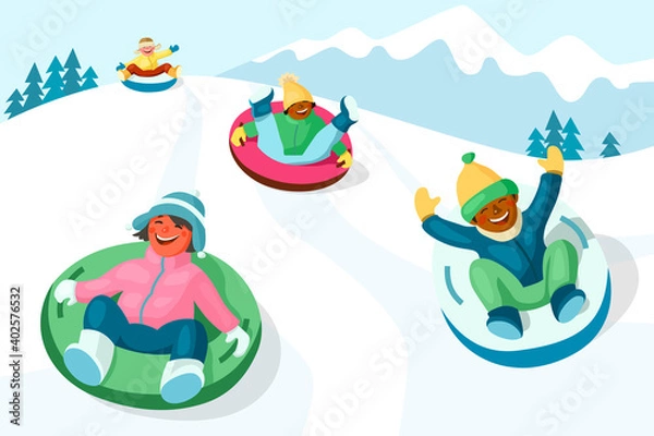 Obraz Cheerful children slide down the snow tubing hill. Cartoon vector illustration