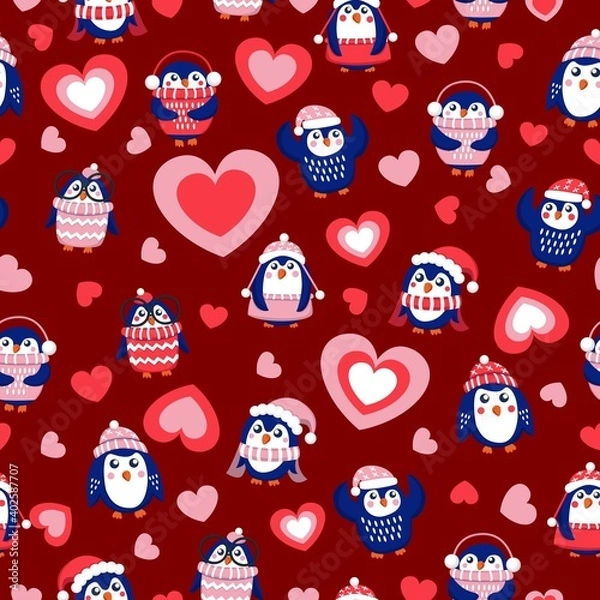 Fototapeta St Valentine’s day. Seamless pattern with blue baby penguins wearing pink, red and white sweaters, hats and scarfs. Maroon background. Cute and funny. Wallpaper, textile, scrapbooking, wrapping paper