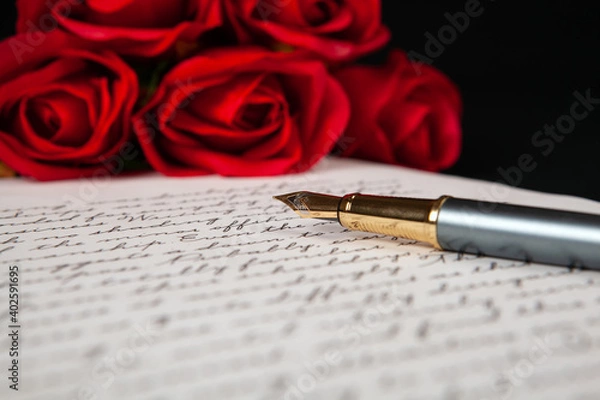 Obraz fountain pen on letter with text and red roses