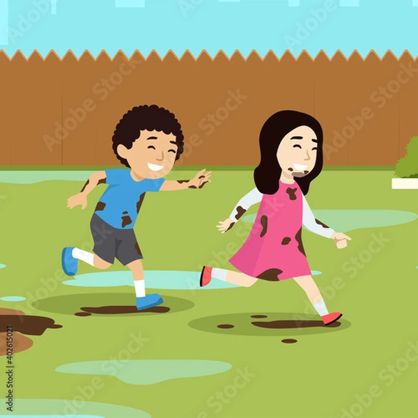Fototapeta Vector Illustration Of Kids Playing In Mud flat vector illustration on a park or garden