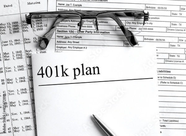 Fototapeta Paper with text 401k plan on a financial table with eyeglasses and metal pen