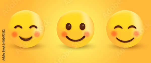 Fototapeta Smiling Face with Smiling Eyes, 3d happy Smiley emoji,  cute emoticon with cheeks