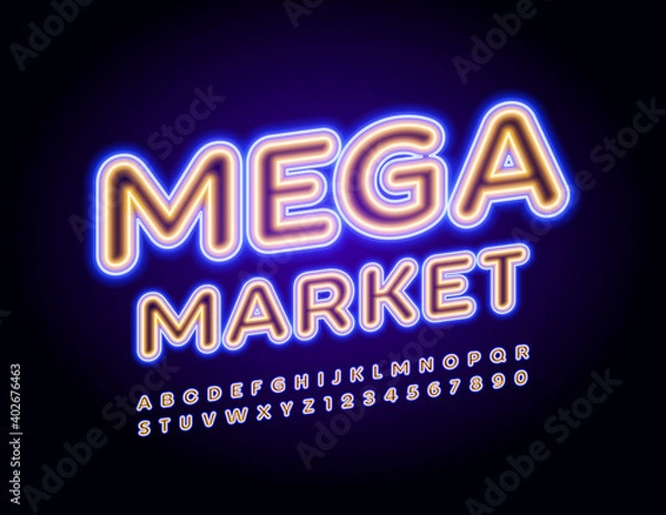 Fototapeta Vector bright Sign Mega Market with trendy Uppercase Font. Neon glowing Alphabet. Illuminated Letters and Numbers set