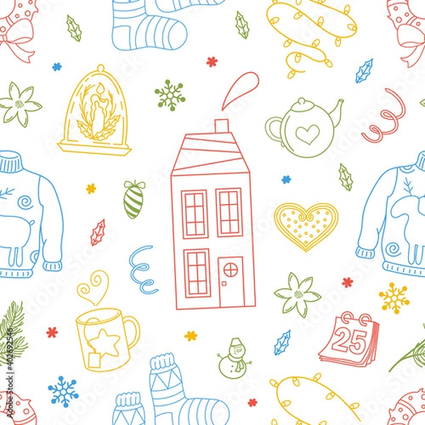 Fototapeta Christmas seamless pattern with traditional hygge winter elements. Vector line objects. Colorful palette. Cute hand drawn doodle background for wrapping paper, print, card, gift, fabric, wallpaper.