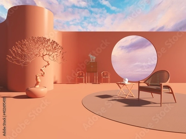 Fototapeta 3d rendering of moden abstract chinese interior style with earth tone scheme