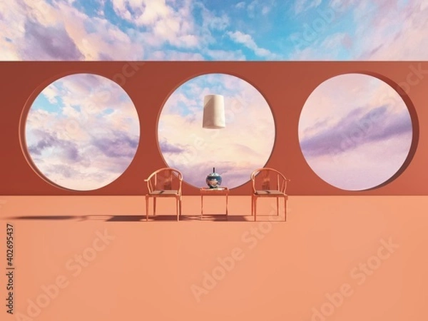 Fototapeta 3d rendering of moden abstract chinese interior style with earth tone scheme