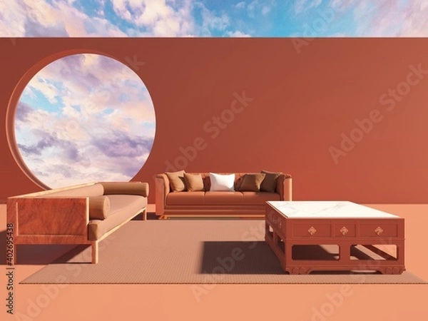 Fototapeta 3d rendering of moden abstract chinese interior style with earth tone scheme