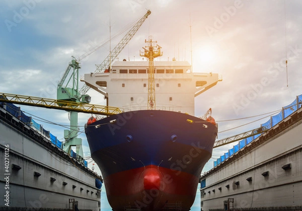 Fototapeta Shipyard, Ship Repair in floating dry dock under maintenance sandblasting and plainting on big crane at side and gangway to on board, front ship moored view.
