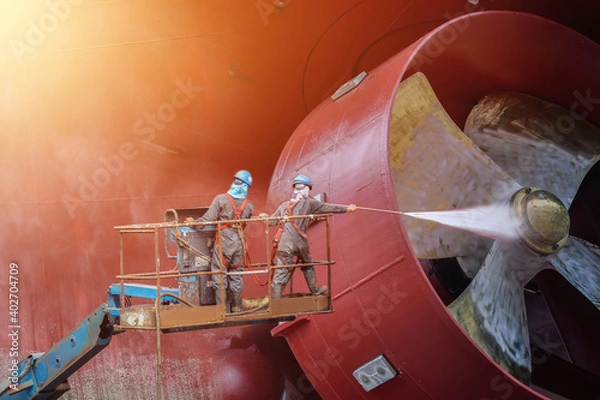 Obraz Cargo ship external wall cleaning shell on sherry picker car are doing these people at shipyard in Thailand.