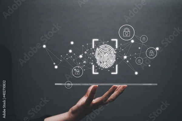 Fototapeta biometric fingerprint scanner. concept of surveillance and security scanning of digital programs and fingerprint biometrics in a blurred background .
