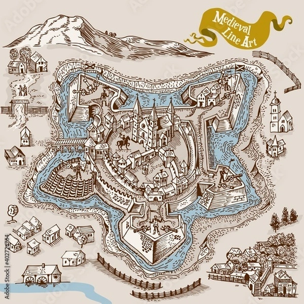 Obraz Medieval map elements engraving and woodcut style vector cartography illustration