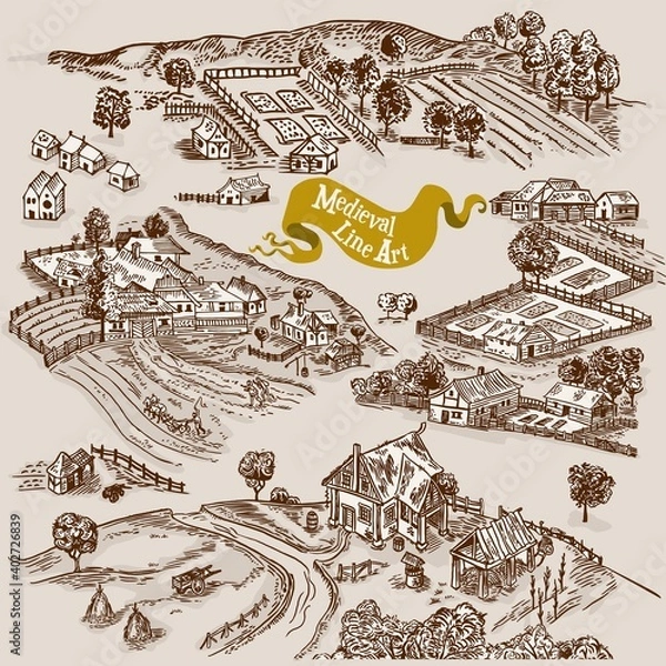 Obraz Medieval map elements engraving and woodcut style vector cartography illustration
