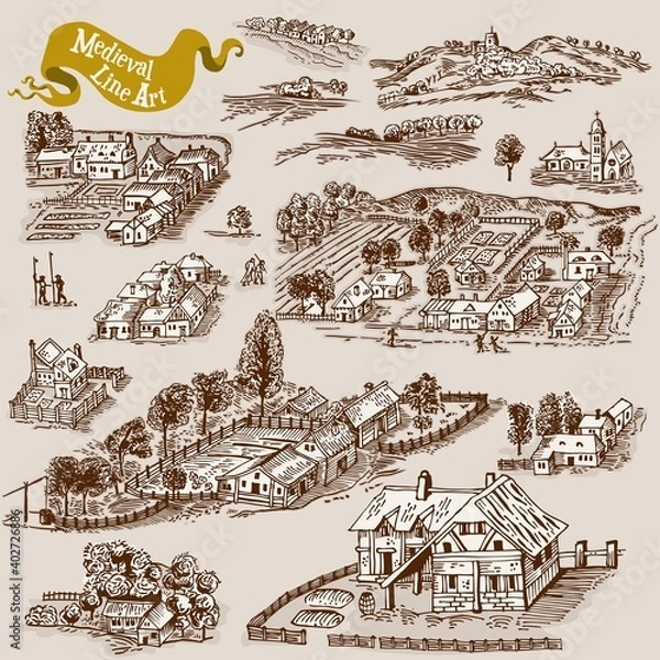 Obraz Medieval map elements engraving and woodcut style vector cartography illustration