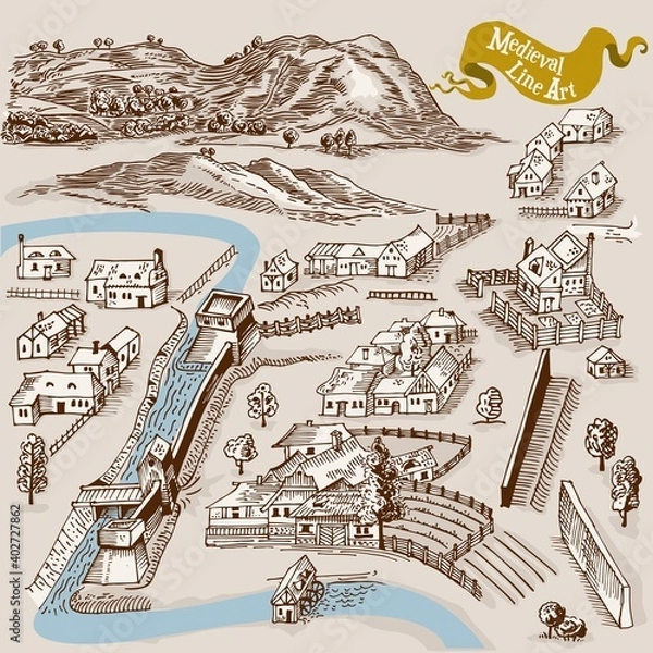 Obraz Medieval map elements engraving and woodcut style vector cartography illustration
