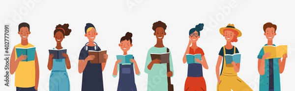 Obraz Young people reading books. Back to school, Study, Learning, Knowledge and Education vector concept