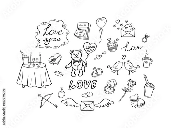 Obraz Valentine's Day doodle set. Collection hand-drawn vector elements for wedding or Valentine's Day design. Hearts, bear, rose, wedding ring and other romantic elements. Black outline isolated