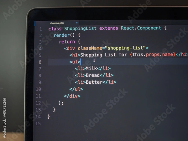 Fototapeta React coding on computer laptop screen close up