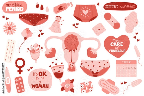 Obraz Menstruation set. Bundle of menstruation, period, female uterus, zero waste feminine hygiene products stickers. Hand drawn vector illustration in flat cartoon style. Isolated on white.