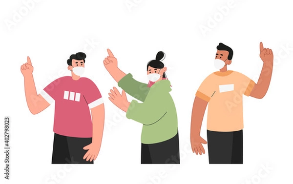 Fototapeta People in medical masks show a gesture with their index finger. The importance of using a mask of protection. World pandemic. Vector illustration of illness