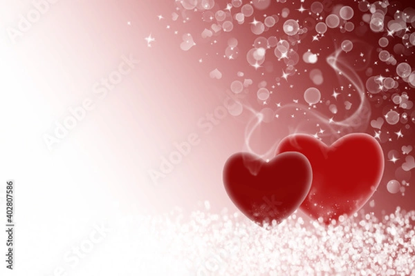 Fototapeta Two hearts on a dark red background and bokeh for Valentine's Day.