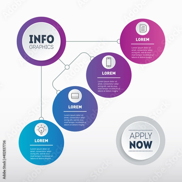 Obraz Business presentation concept with 4 options. Template of info chart with button "apply now". Vector Diagram, infographic of technological or education process with four steps. Mind map.