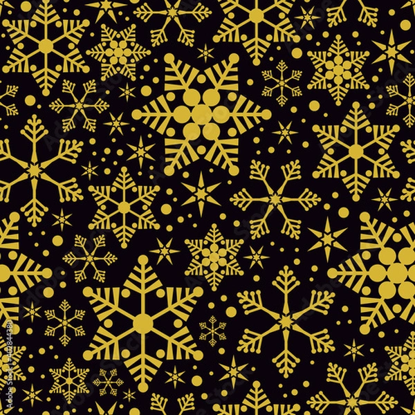 Fototapeta Seamless pattern for Christmas. Black background, Snowflakes in Gold color, wrapping paper