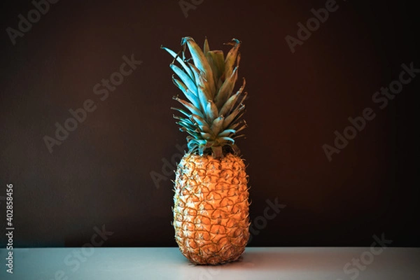 Obraz A close up portrait of an old shabby pineapple illuminated with colored lights. Space for texts and graphics. A party and celebration concept.
