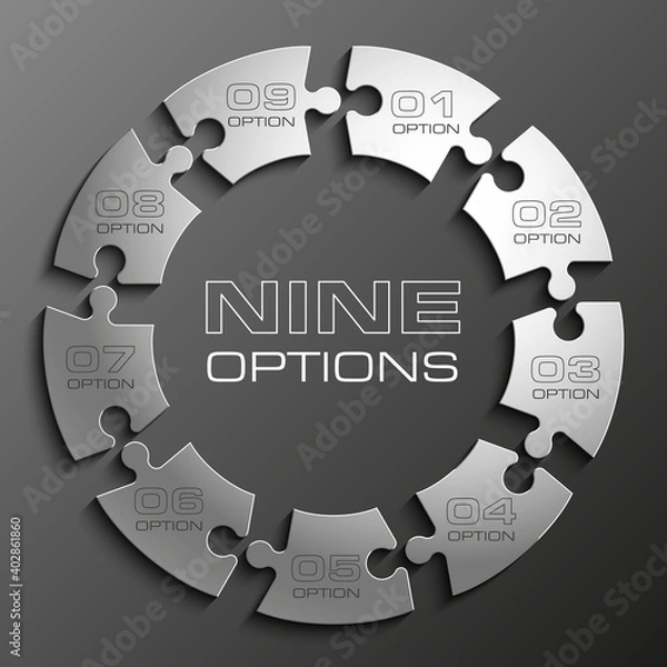 Obraz Nine sided 3d puzzle presentation infographic template with explanatory text field for business statistics