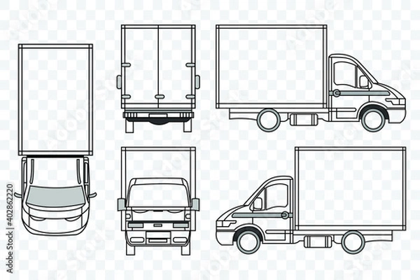 Fototapeta Vector small truck front view back view and side view. Cargo delivery. Solid and Flat color design. Truck car for transportation. Corporate identity. Transparent background