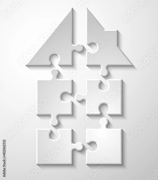 Fototapeta Puzzle house presentation. Home puzzles kit banner. Infographic template with explanatory text field for business statistics. Abstract puzzle building illustration. Pieces simple home game set