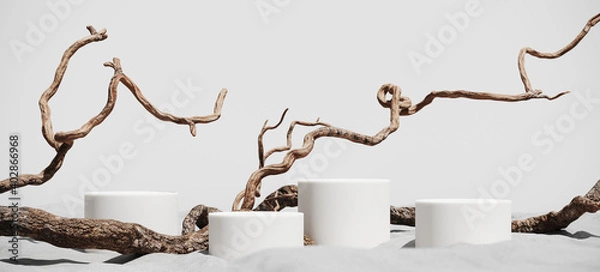 Fototapeta Minimal mockup background for product presentation. Podium and dry tree twigs branch with white sand beach on white background. 3d rendering illustration. Clipping path of each element included.