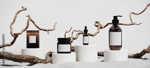 Fototapeta Minimal mockup background for product presentation. Podium and dry tree twigs branch with white sand beach on white background. 3d rendering illustration. Clipping path of each element included.