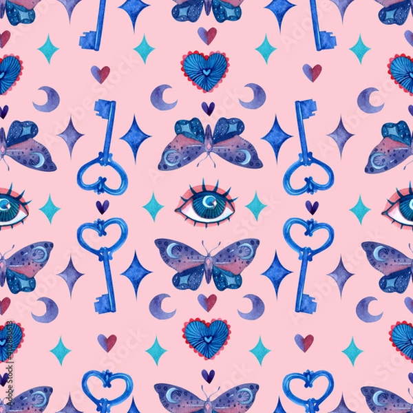 Fototapeta Seamless pattern with hand-drawn watercolor elements. Mystical watercolor background for wrapping paper, fabrics, packaging design, party, cover and other.