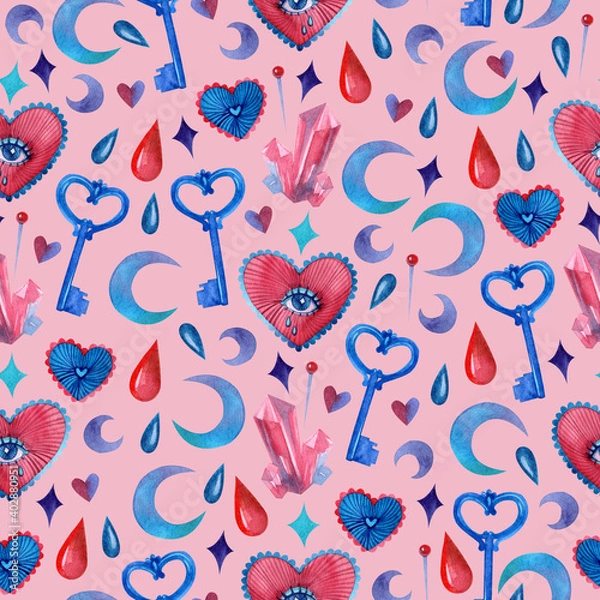 Fototapeta Seamless pattern with hand-drawn watercolor elements. Print with hearts, keys, crystals and other watercolor elements. For wrapping paper, wallpaper, textiles and more.