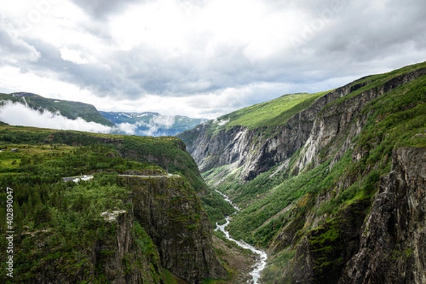 Fototapeta Valley from the Vøringsfossen with a river in Norway